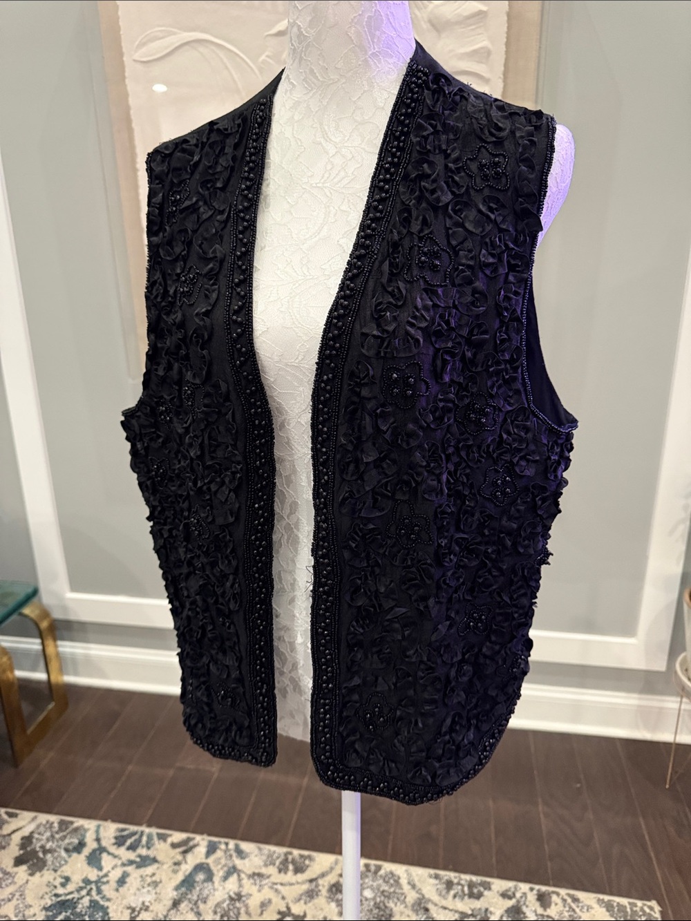 Rafaella Vintage 100% Silk Beaded Ribbon Rosette Vest Black Boho Whimsigoth M/L